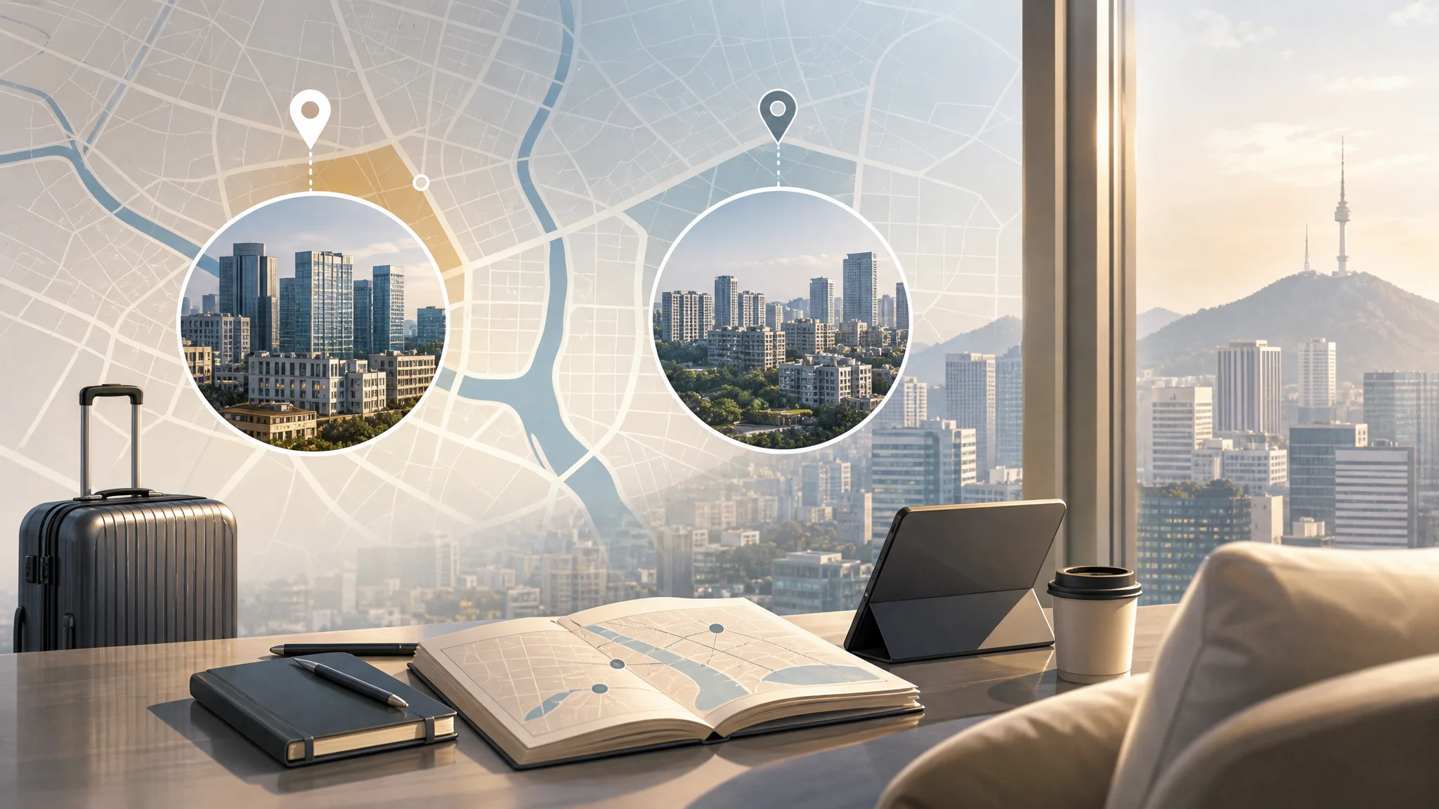 Seoul Defense Dialogue (SDD 2026) lodging guide — The Grand Lotte (Euljiro/Myeong-dong) vs alternative areas — AI-generated editorial illustration