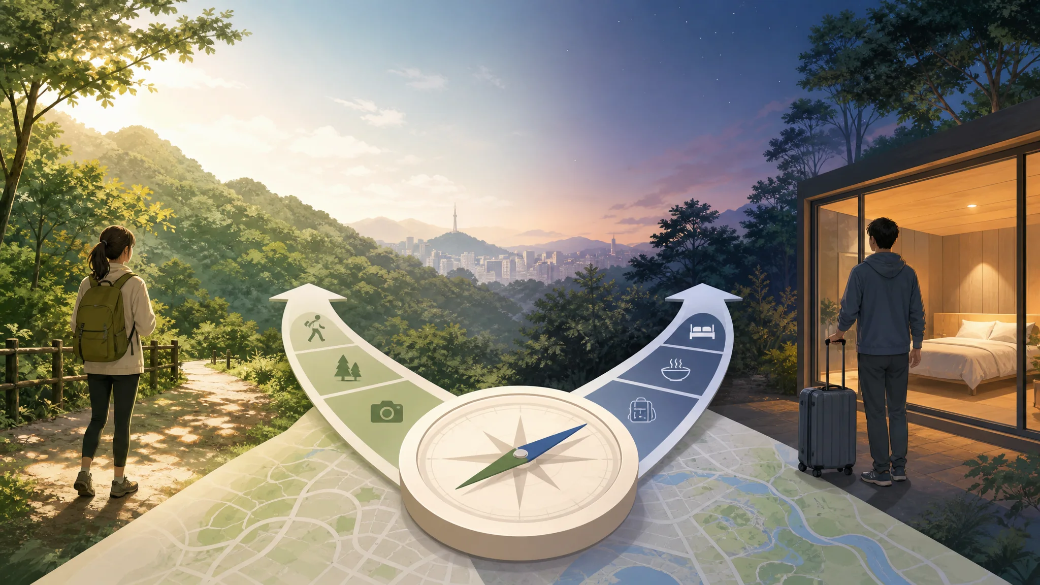 수락휴(수락산 동막골 자연휴양림) — 당일치기와 숙박, 무엇을 선택할까? — AI로 제작한 설명용 편집 이미지