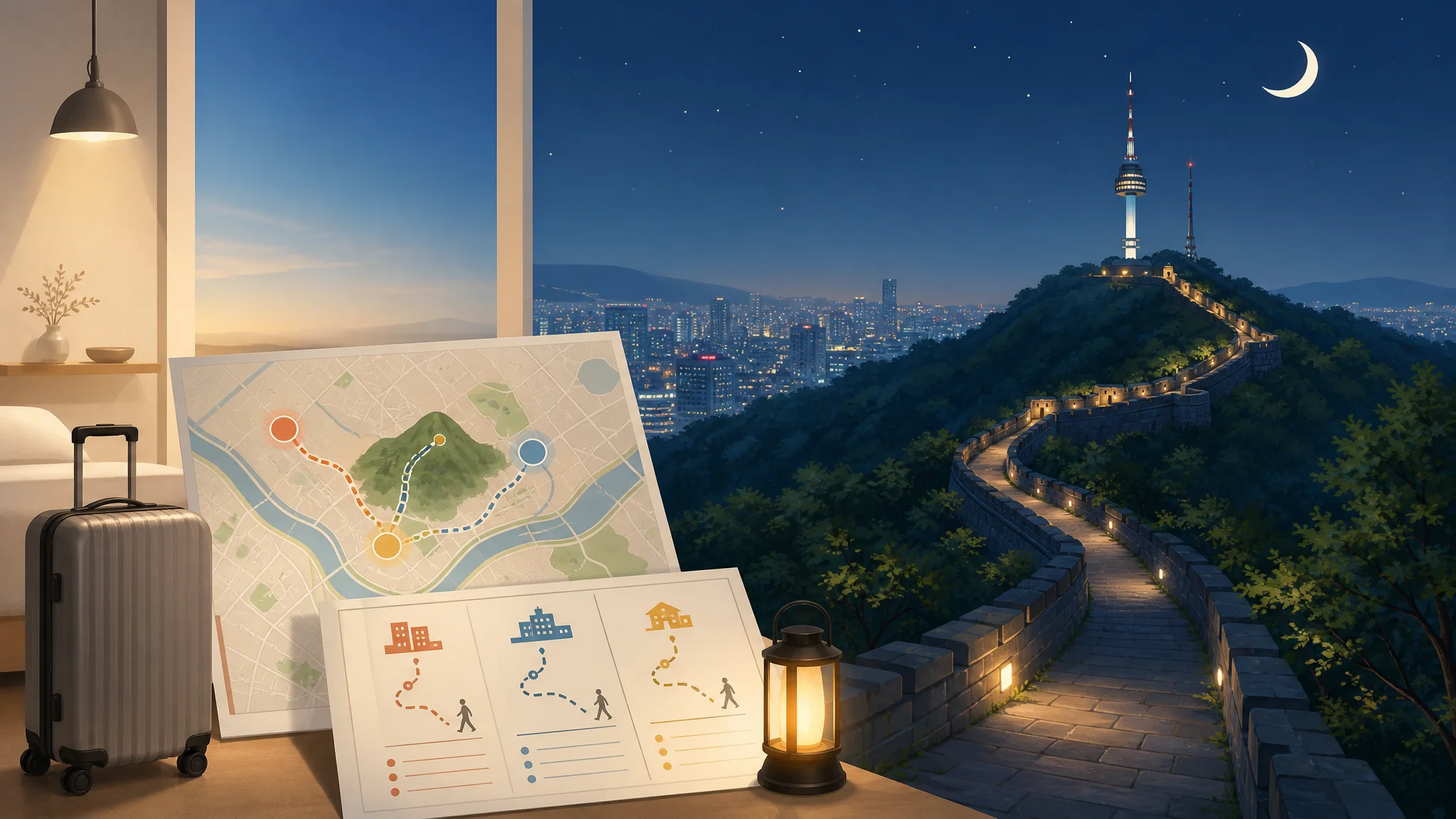 남산 성곽 코스 신설된 서울 야간 도보해설관광 — 숙소·하산 동선 비교 가이드 — AI로 제작한 설명용 편집 이미지