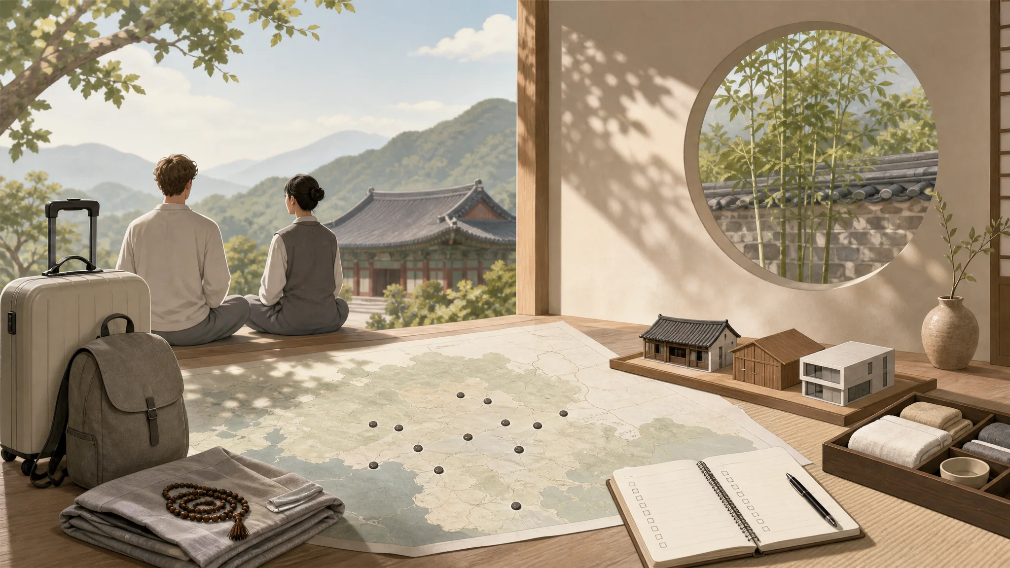 September 2026 special templestays for foreigners (19 temples) — booking, cost, transport and stay guide — AI-generated editorial illustration