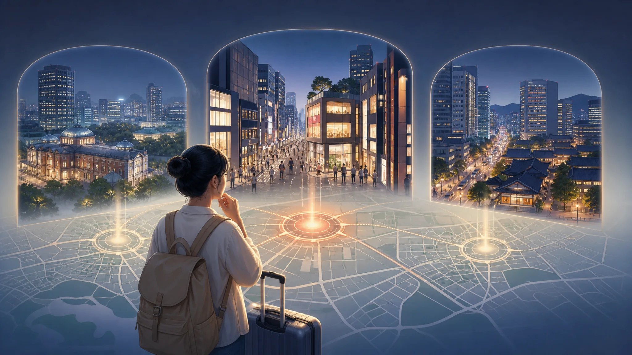 明洞广场夜间步行（2026）— 住宿该选明洞还是周边？ — AI生成的说明性编辑插图