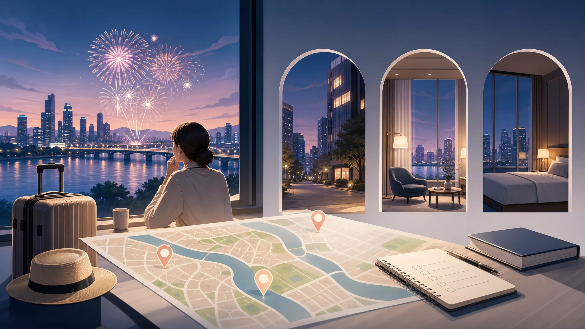Yeouido Fireworks: Pre-Festival Hotel Guide — Rate Checks & Booking Checklist — AI-generated editorial illustration