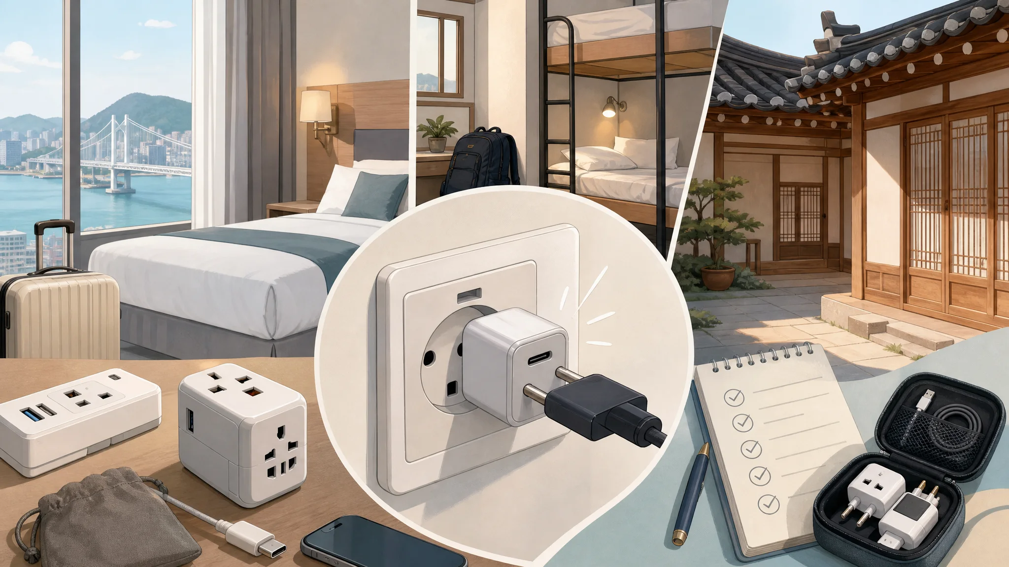 C-type adapter keeps falling out in Korea — lodging checklist — AI-generated editorial illustration