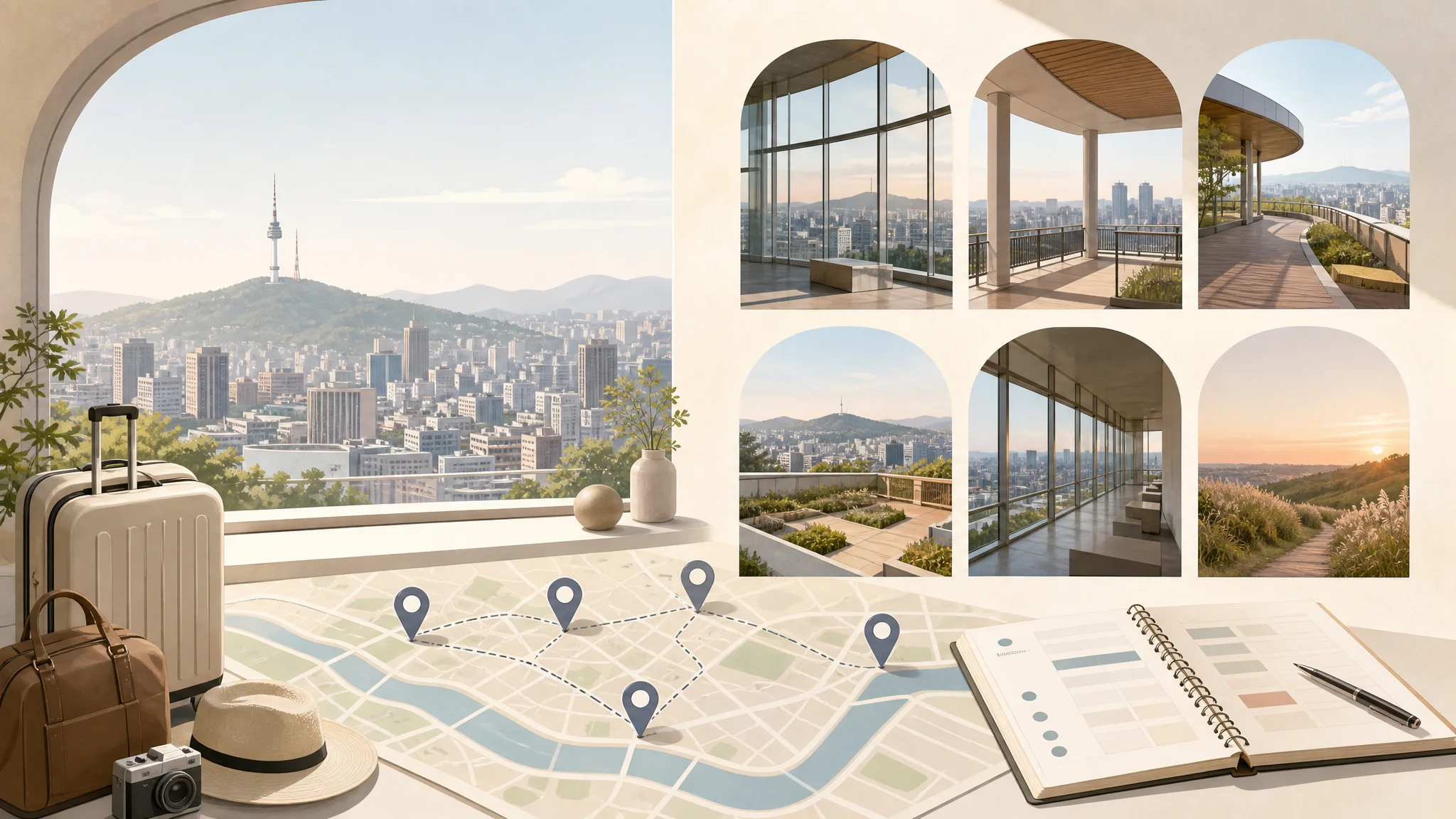 Where to go this weekend? 6 free viewpoints in Seoul — where to stay and route guide — AI-generated editorial illustration