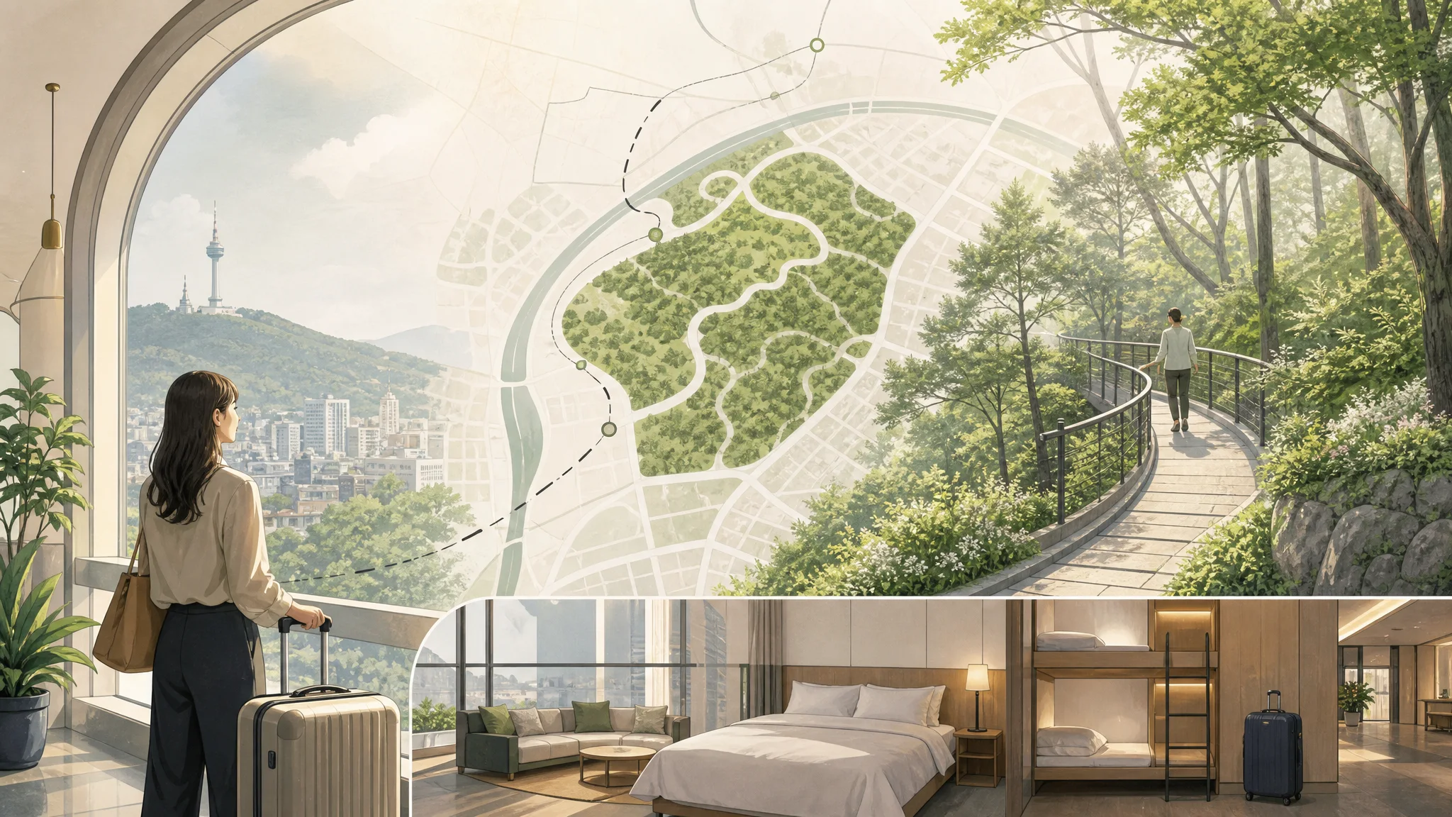 Namsan Korean Forest Garden — Practical Guide Linking City Walks and Stays — AI-generated editorial illustration