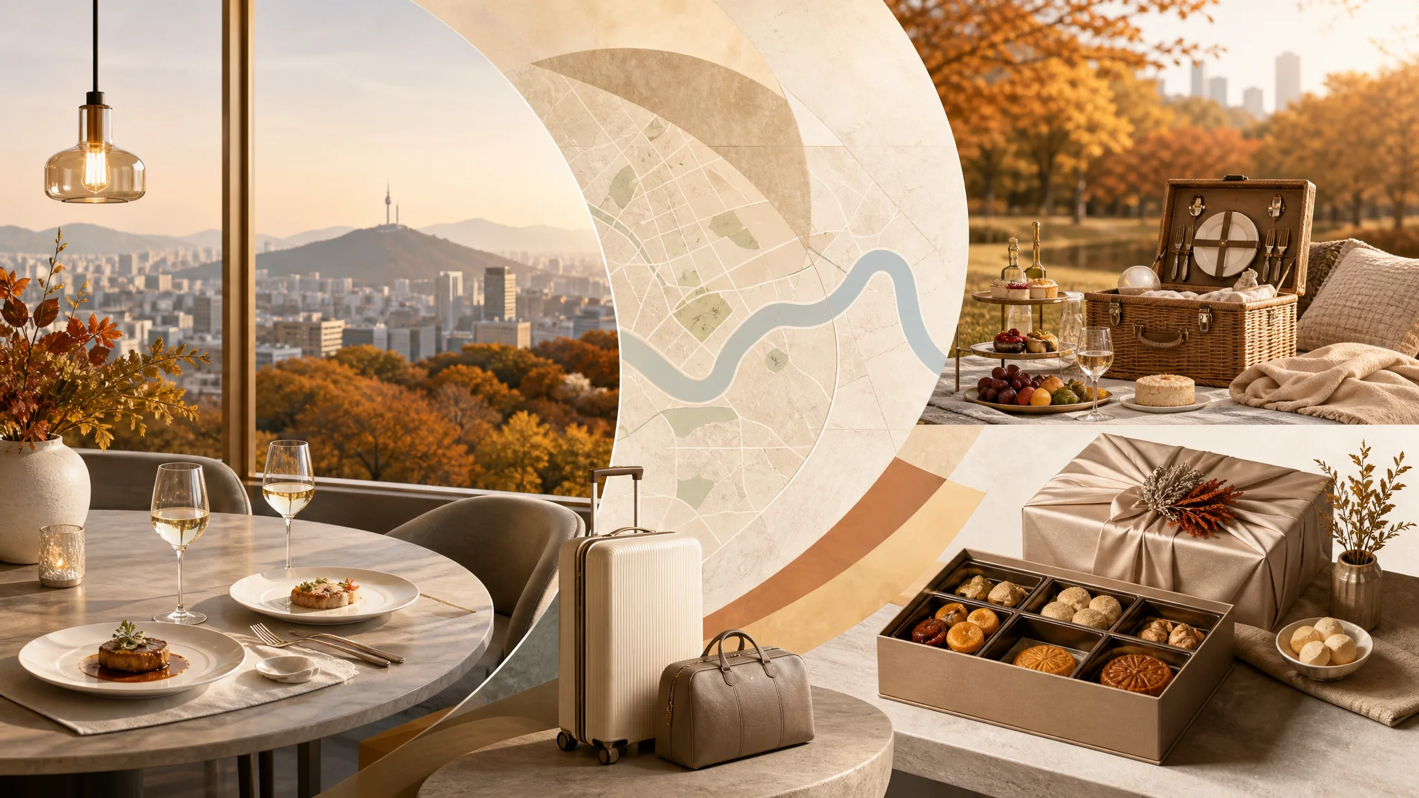 Seoul luxury hotels' autumn dining, campnic and Chuseok gift sets (2026) — stay decision guide — AI-generated editorial illustration