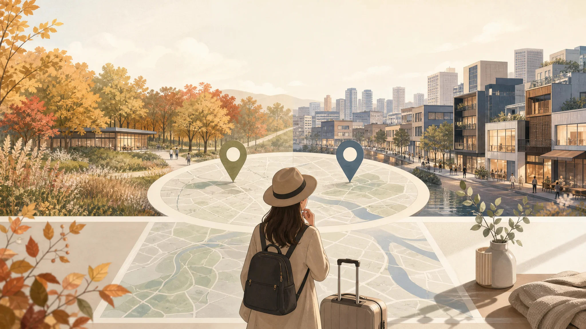 Maeheon Citizen’s Forest (Seoul International Garden Expo) stay: Yangjae (Maeheon) vs Seoul Forest (Seongsu) — AI-generated editorial illustration
